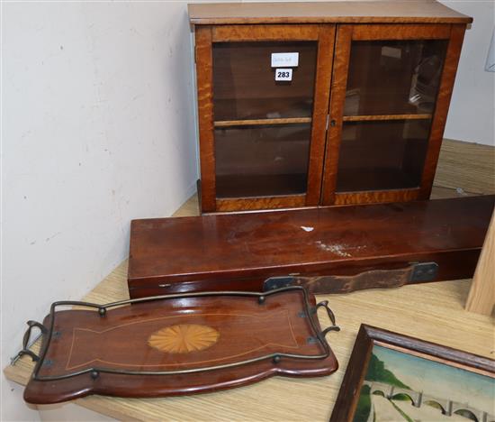 A Victorian shotgun case and a small tray and a cabinet with no pots case length 79cm